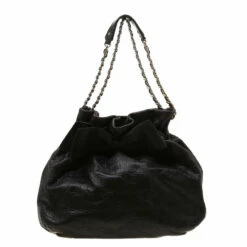 Carolina Herrera Dark Brown Monogram Embossed Leather Bow Bucket Shoulder Bag Women