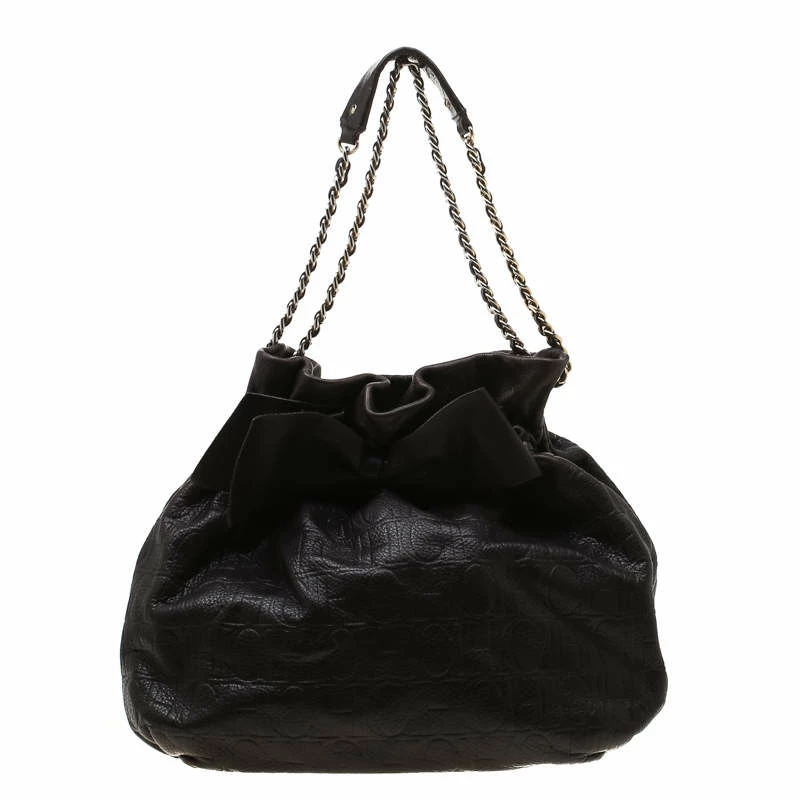 Carolina Herrera Dark Brown Monogram Embossed Leather Bow Bucket Shoulder Bag Women