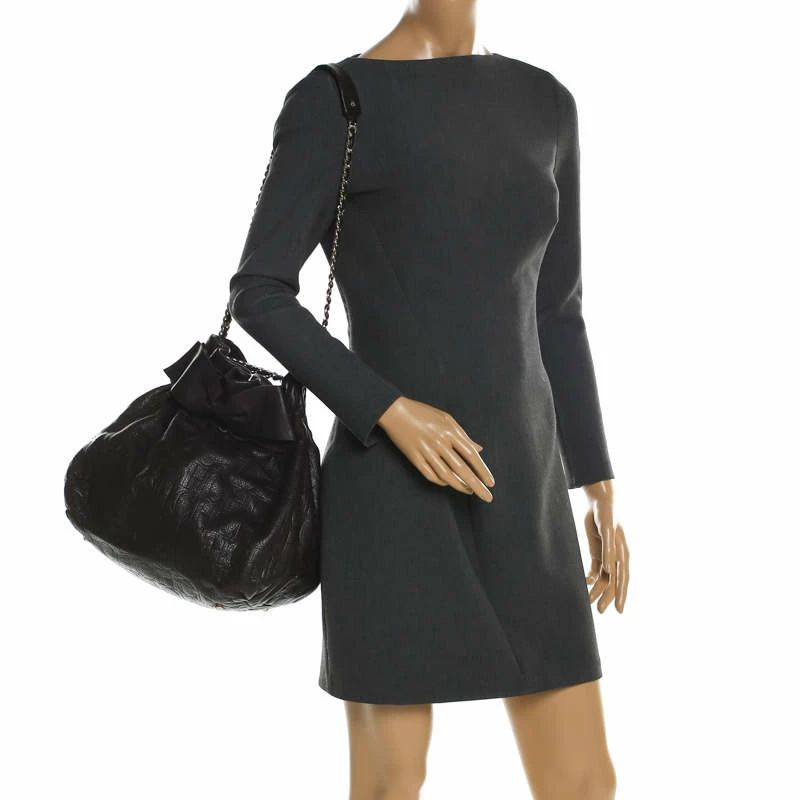 Carolina Herrera Dark Brown Monogram Embossed Leather Bow Bucket Shoulder Bag Women