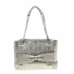 Carolina Herrera Silver Metallic Monogram Leather Audrey Shoulder Bag Women - Grey