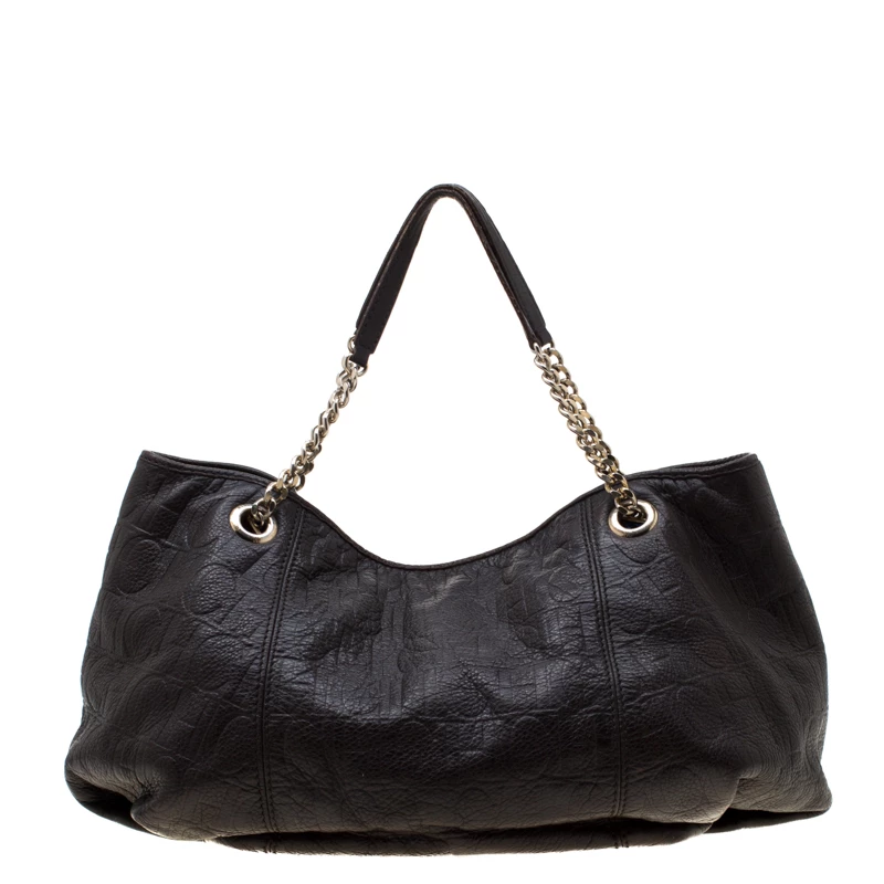 Carolina Herrera Dark Brown Monogram Leather Poppy Tote Women