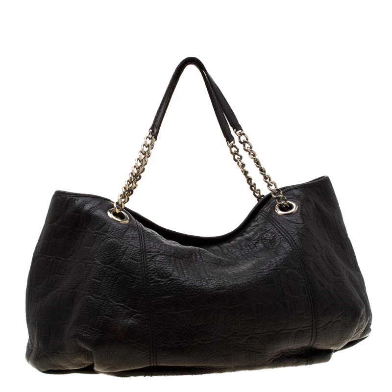 Carolina Herrera Dark Brown Monogram Leather Poppy Tote Women