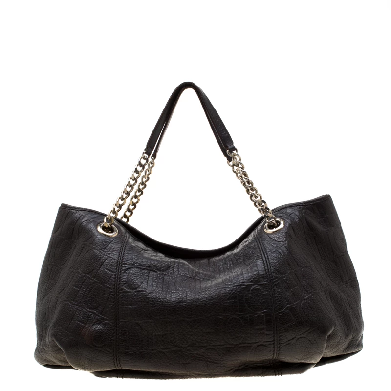 Carolina Herrera Dark Brown Monogram Leather Poppy Tote Women