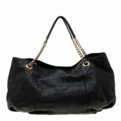 Carolina Herrera Black Monogram Leather Poppy Hobo Women