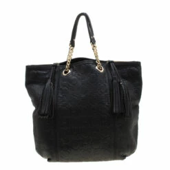 Carolina Herrera Black Monogram Leather Tassel Tote Women