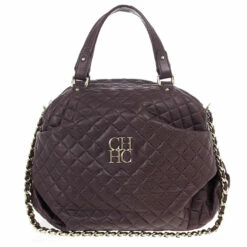 Carolina Herrera Brown Lambskin Quilted Stitching Bowling Bag Women