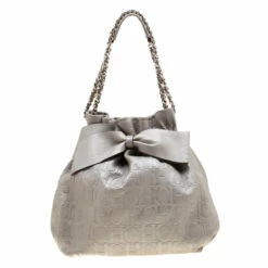 Carolina Herrera Silver Monogram Embossed Leather Bow Bucket Shoulder Bag Women