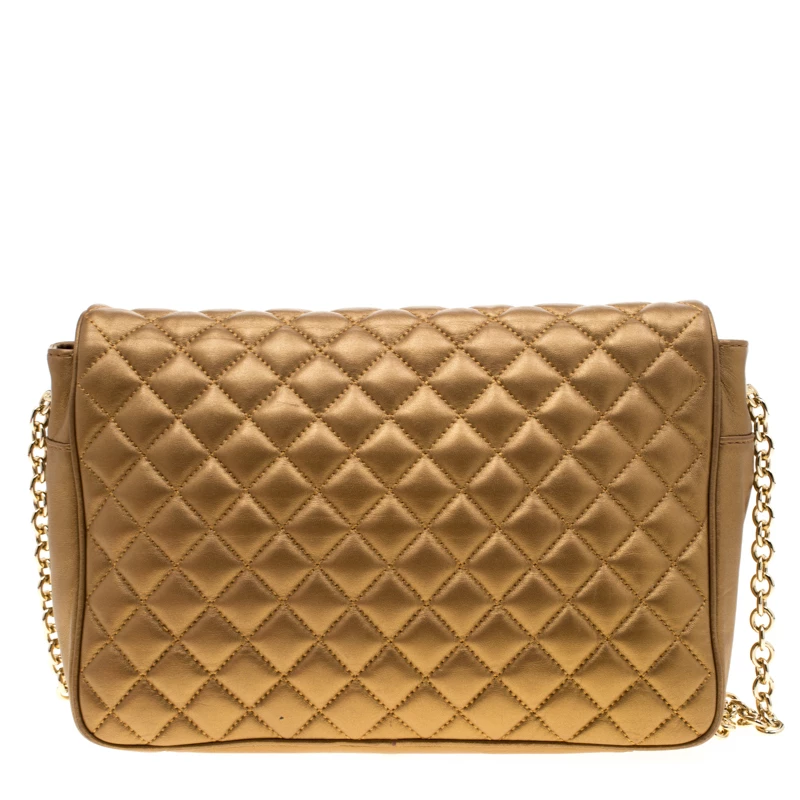 Carolina Herrera Gold Quilted Leather Flap Chain Shoulder Bag Women