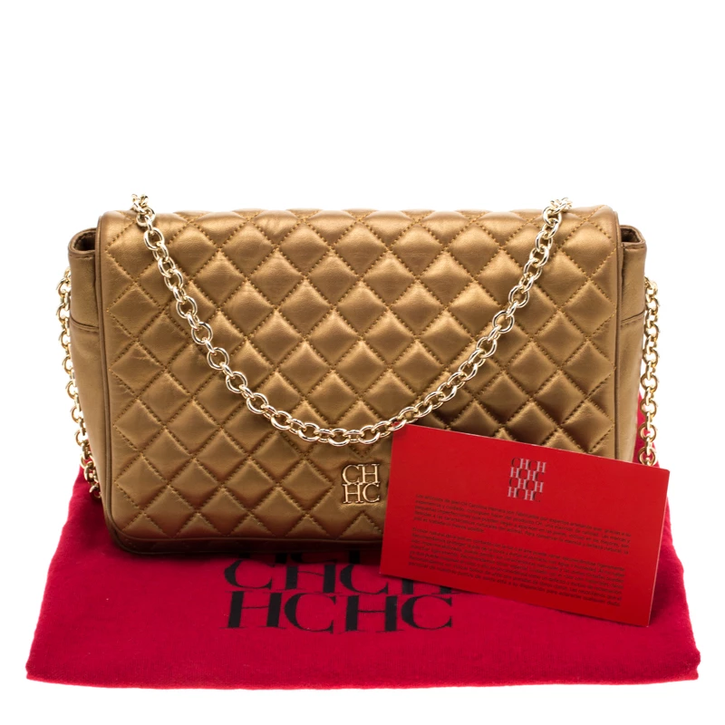 Carolina Herrera Gold Quilted Leather Flap Chain Shoulder Bag Women