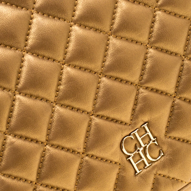 Carolina Herrera Gold Quilted Leather Flap Chain Shoulder Bag Women