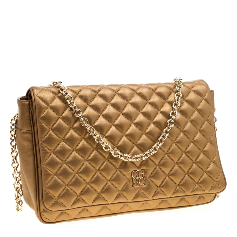 Carolina Herrera Gold Quilted Leather Flap Chain Shoulder Bag Women