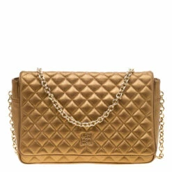 Carolina Herrera Gold Quilted Leather Flap Chain Shoulder Bag Women