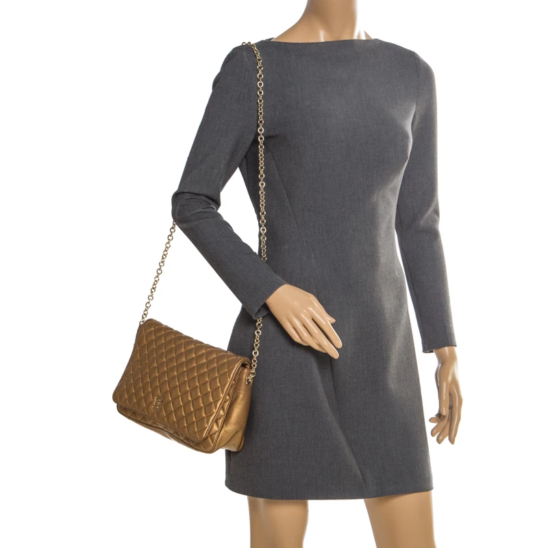 Carolina Herrera Gold Quilted Leather Flap Chain Shoulder Bag Women