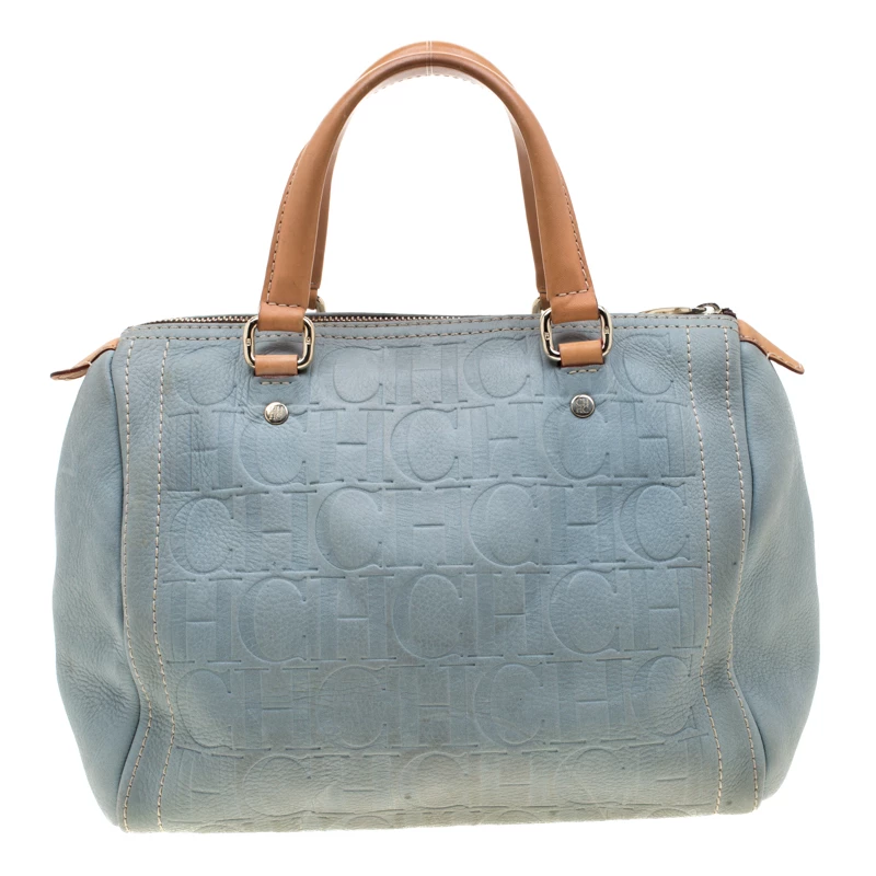 Carolina Herrera Light Blue Monogram Leather Andy Boston Bag Women