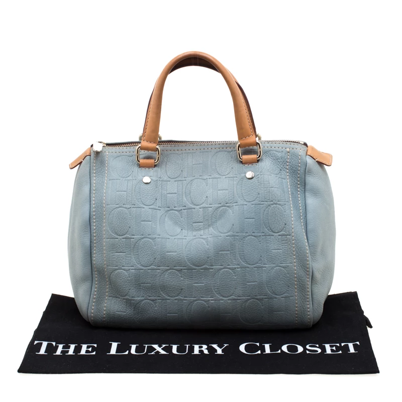 Carolina Herrera Light Blue Monogram Leather Andy Boston Bag Women