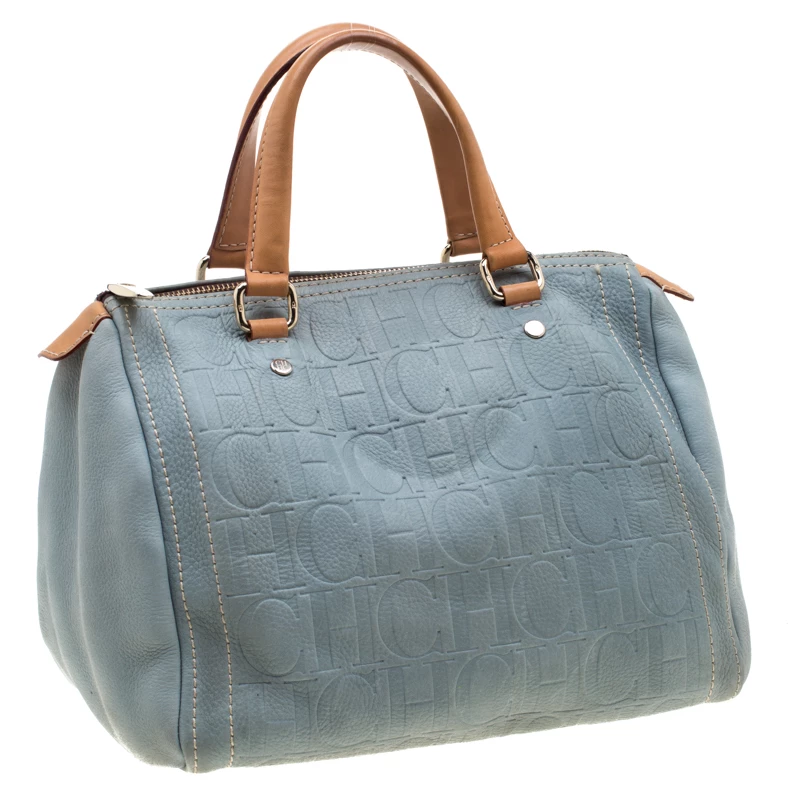 Carolina Herrera Light Blue Monogram Leather Andy Boston Bag Women