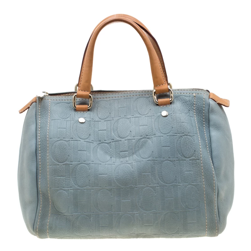 Carolina Herrera Light Blue Monogram Leather Andy Boston Bag Women
