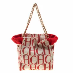 Carolina Herrera White/Red Canvas Bucket Chain Shoulder Bag Women