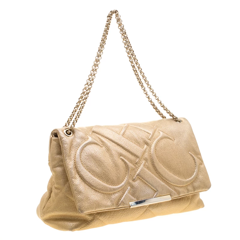 Carolina Herrera Gold Mettalic Quilted Leather Flap Chain Shoulder Bag Women