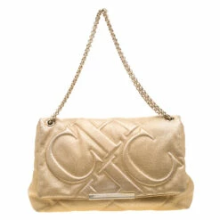 Carolina Herrera Gold Mettalic Quilted Leather Flap Chain Shoulder Bag Women