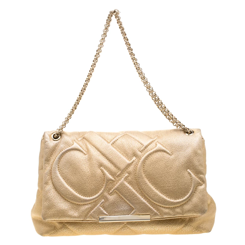 Carolina Herrera Gold Mettalic Quilted Leather Flap Chain Shoulder Bag Women