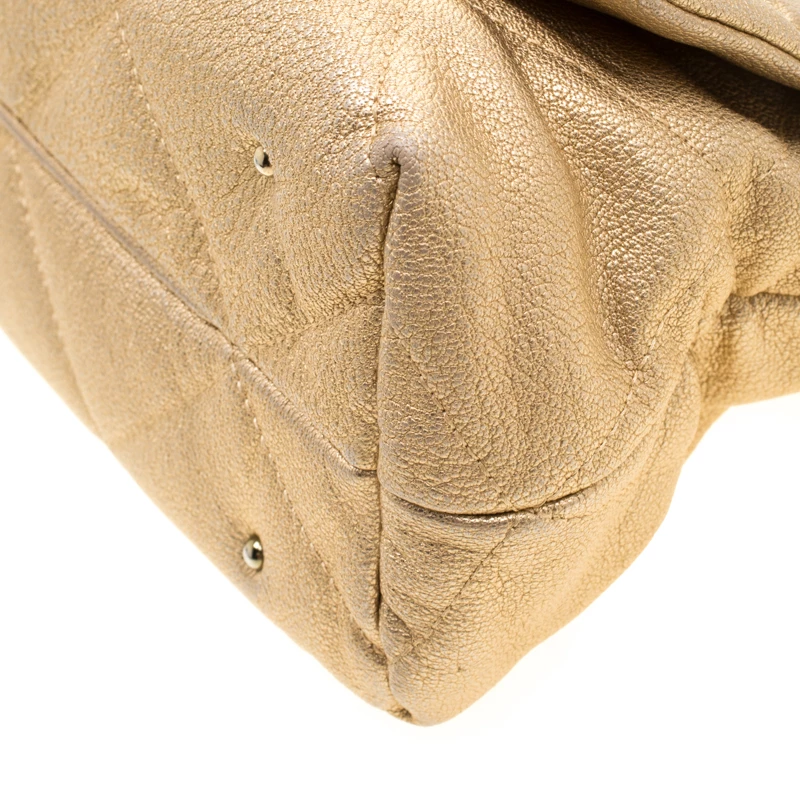 Carolina Herrera Gold Mettalic Quilted Leather Flap Chain Shoulder Bag Women