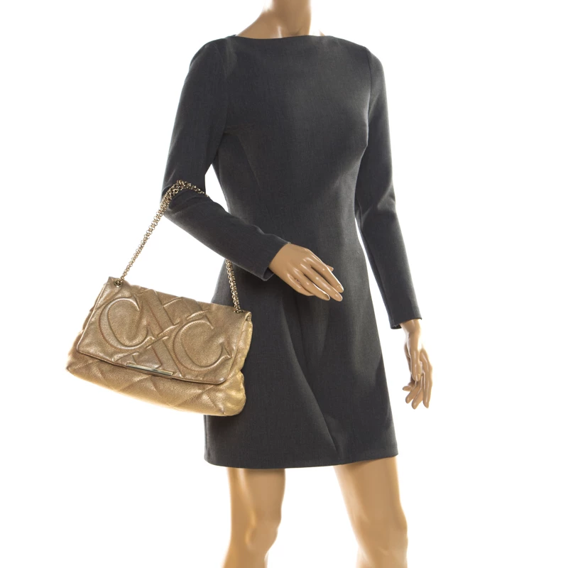 Carolina Herrera Gold Mettalic Quilted Leather Flap Chain Shoulder Bag Women