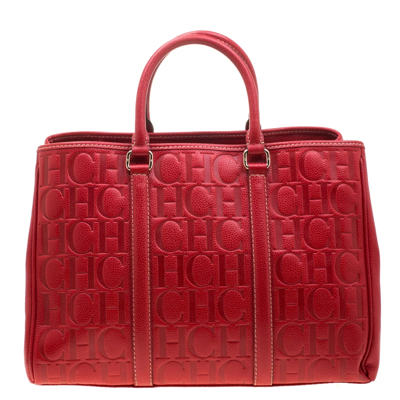 Carolina Herrera Red Monogram Leather Matteo Tote Women
