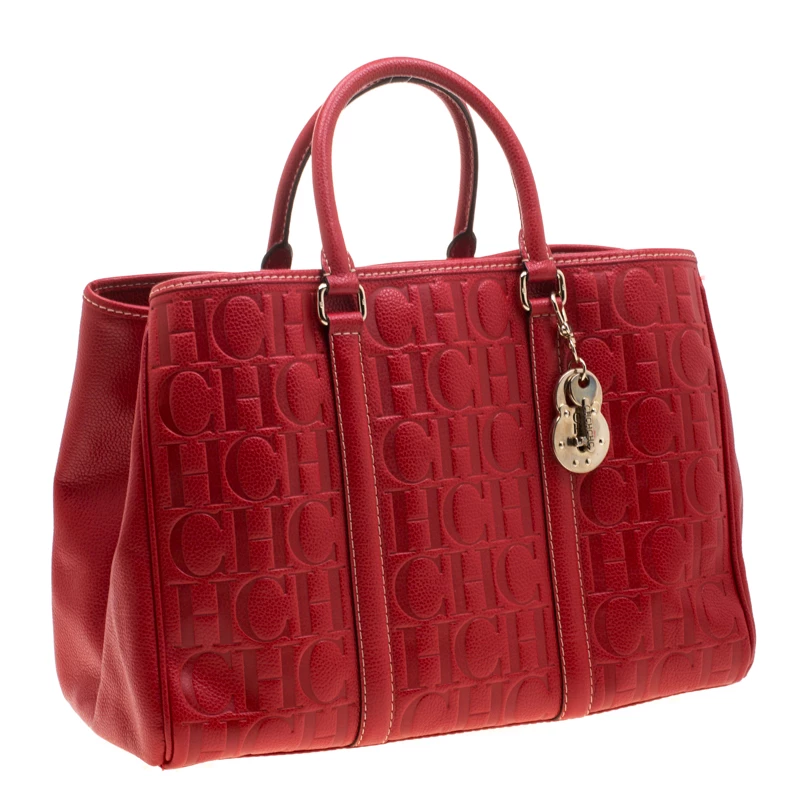 Carolina Herrera Red Monogram Leather Matteo Tote Women