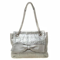 Carolina Herrera Silver Metallic Monogram Leather Audrey Shoulder Bag Women
