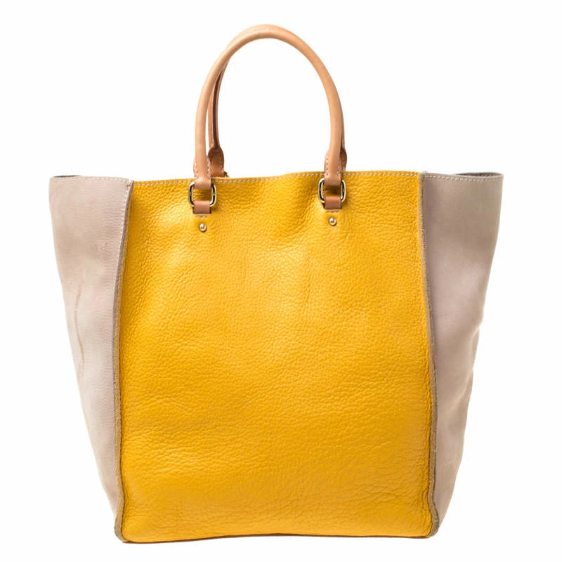 Carolina Herrera Beige/Mustard Leather Tote Women