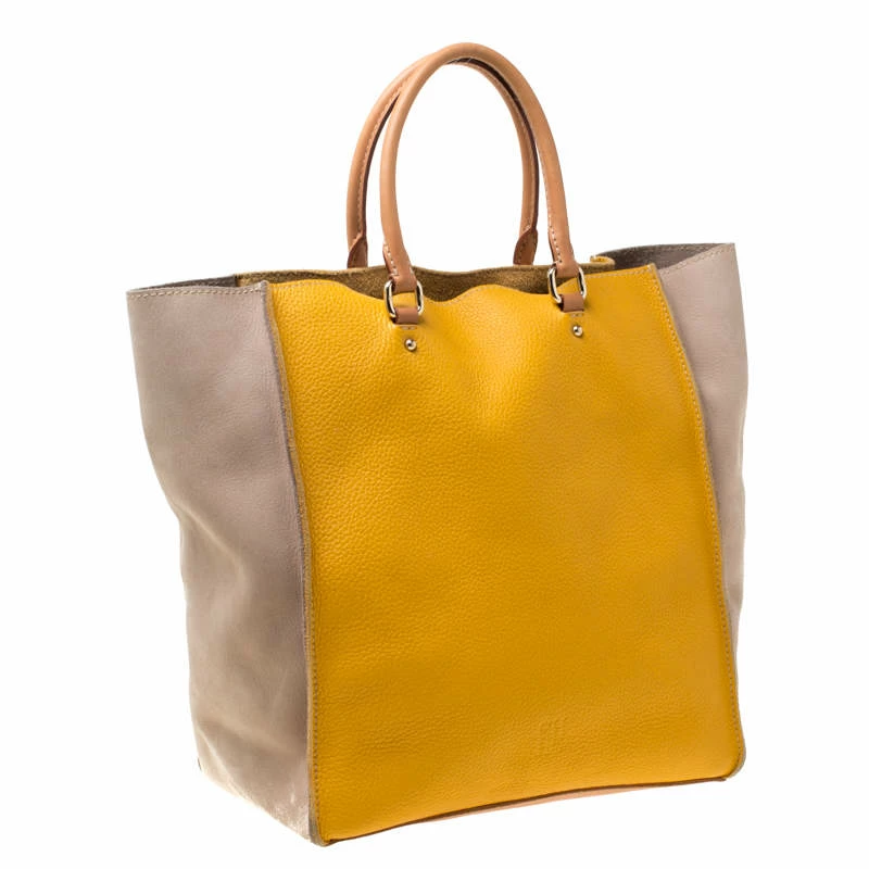 Carolina Herrera Beige/Mustard Leather Tote Women