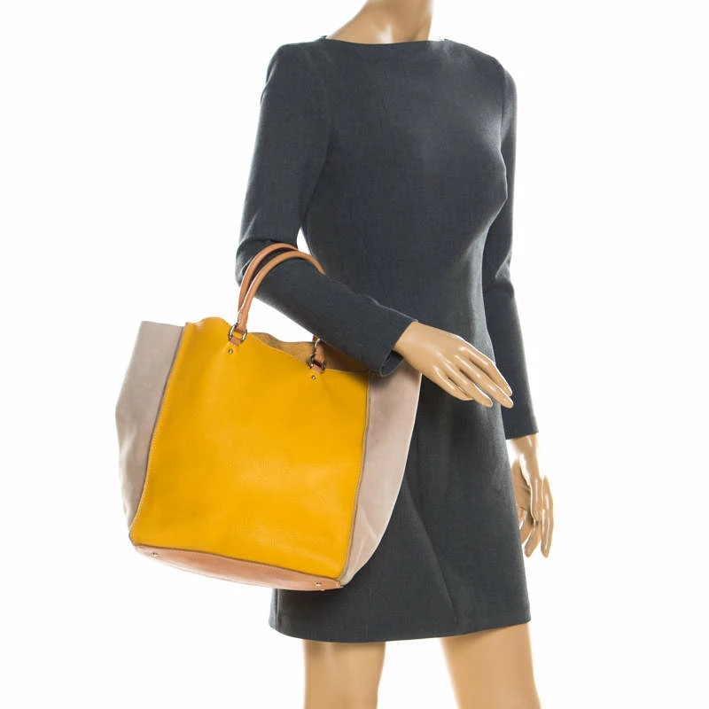 Carolina Herrera Beige/Mustard Leather Tote Women