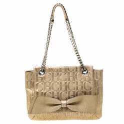 Carolina Herrera Metallic Gold Monogram Leather Audrey Shoulder Bag Women