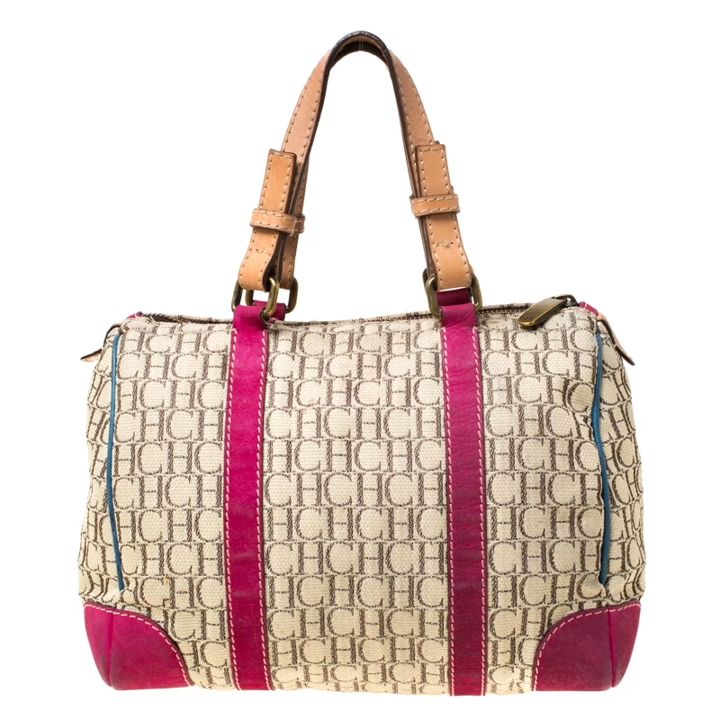 Carolina Herrera Beige Multicolor Canvas Andy Boston Bag Women
