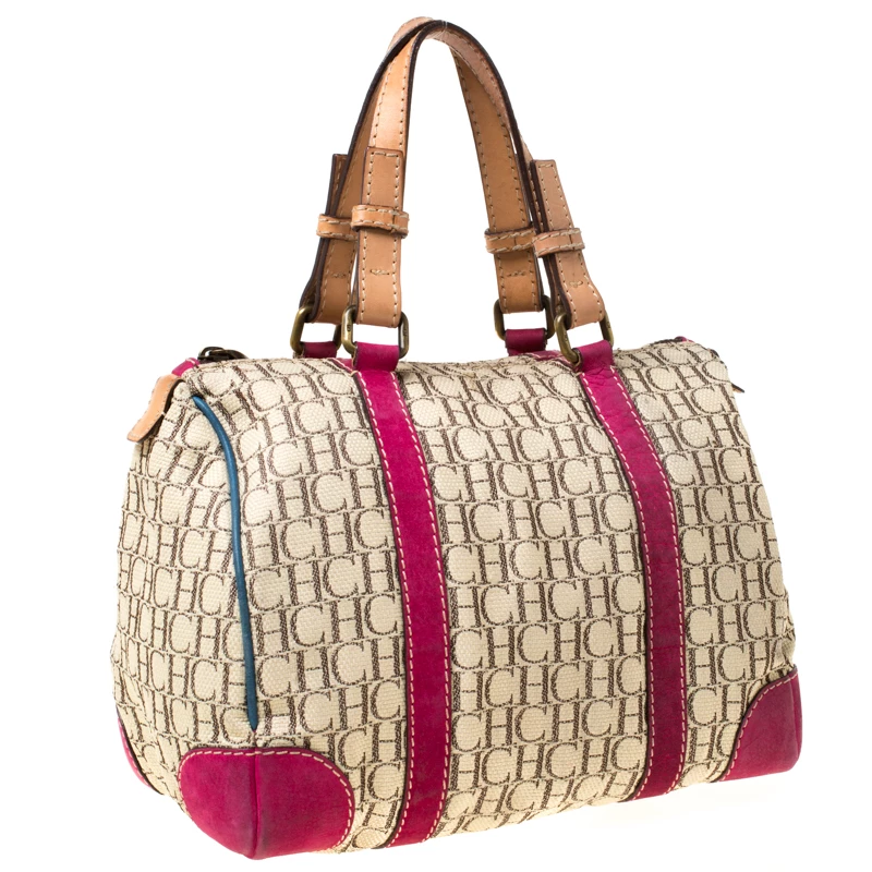 Carolina Herrera Beige Multicolor Canvas Andy Boston Bag Women
