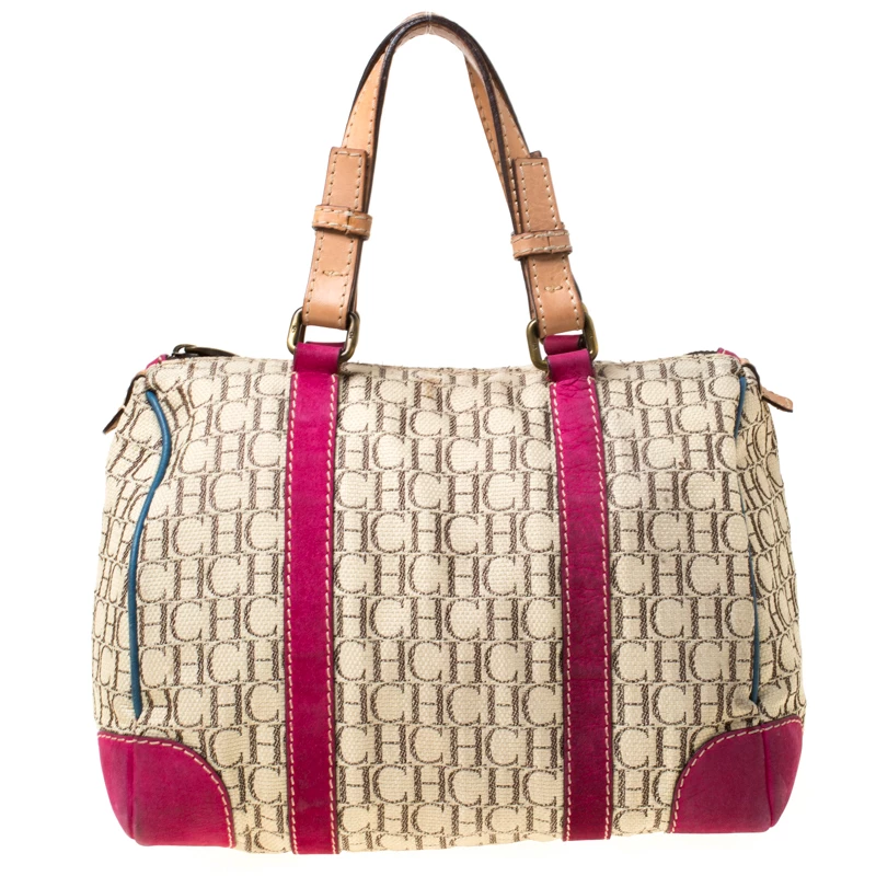 Carolina Herrera Beige Multicolor Canvas Andy Boston Bag Women