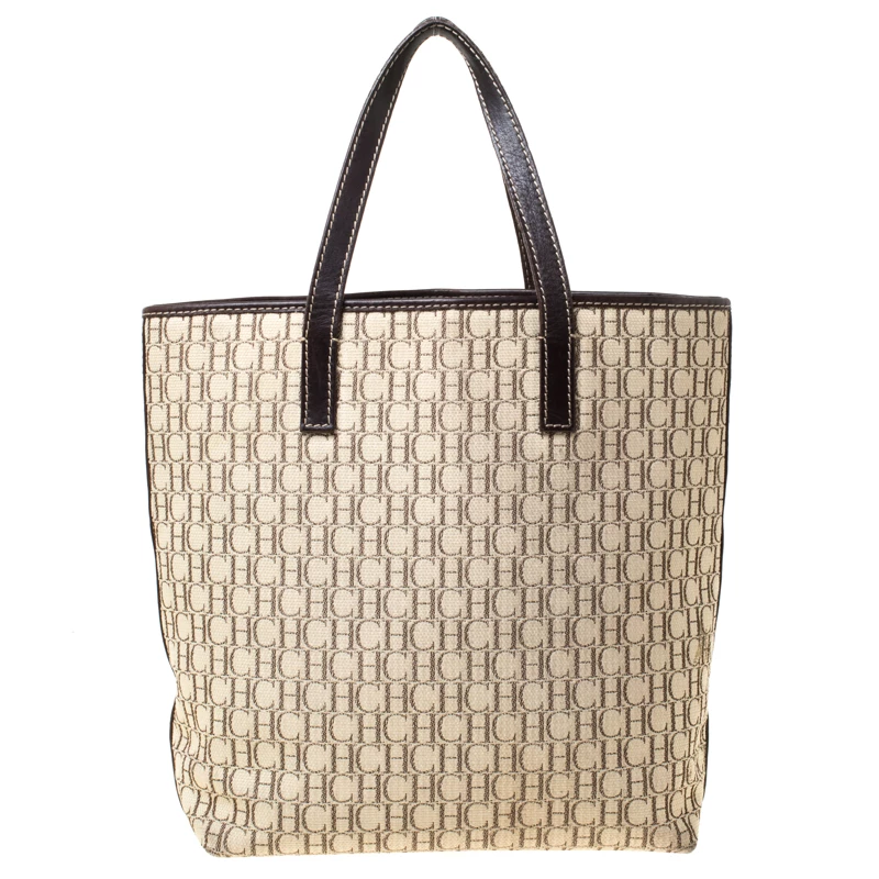 Carolina Herrera Beige/Brown Monogram Canvas Shopper Tote Women