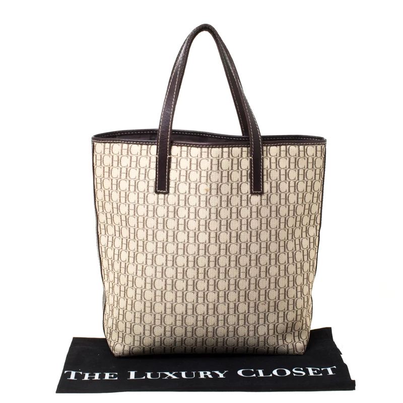 Carolina Herrera Beige/Brown Monogram Canvas Shopper Tote Women