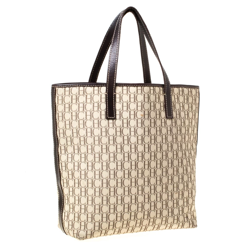 Carolina Herrera Beige/Brown Monogram Canvas Shopper Tote Women