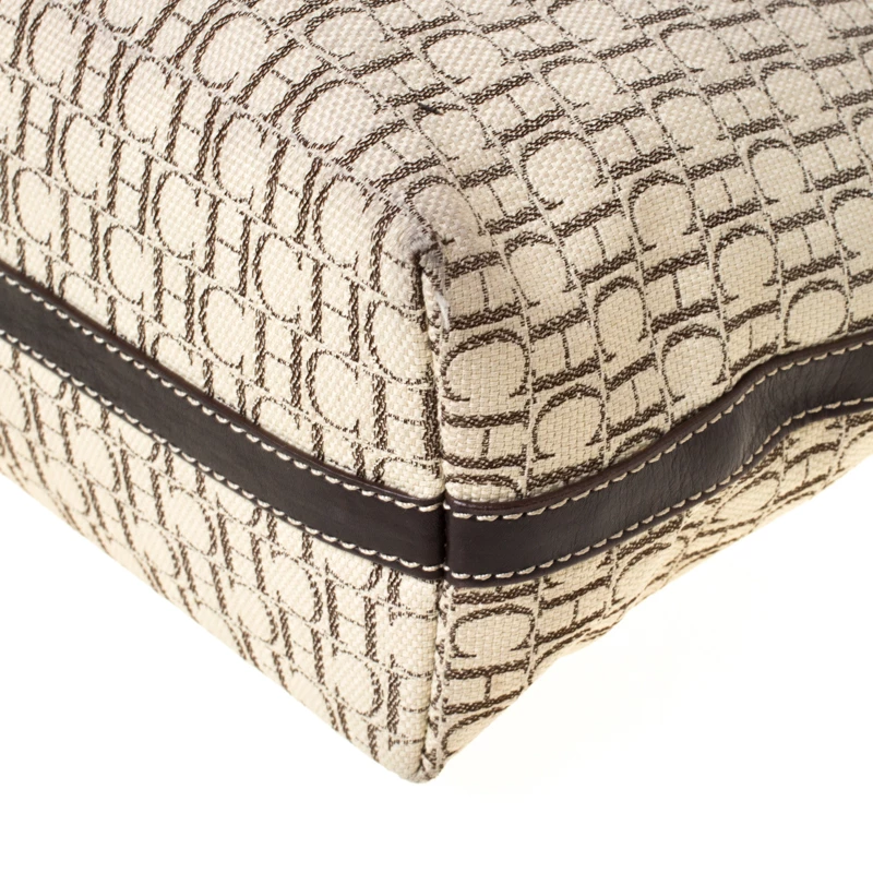 Carolina Herrera Beige/Brown Monogram Canvas Shopper Tote Women