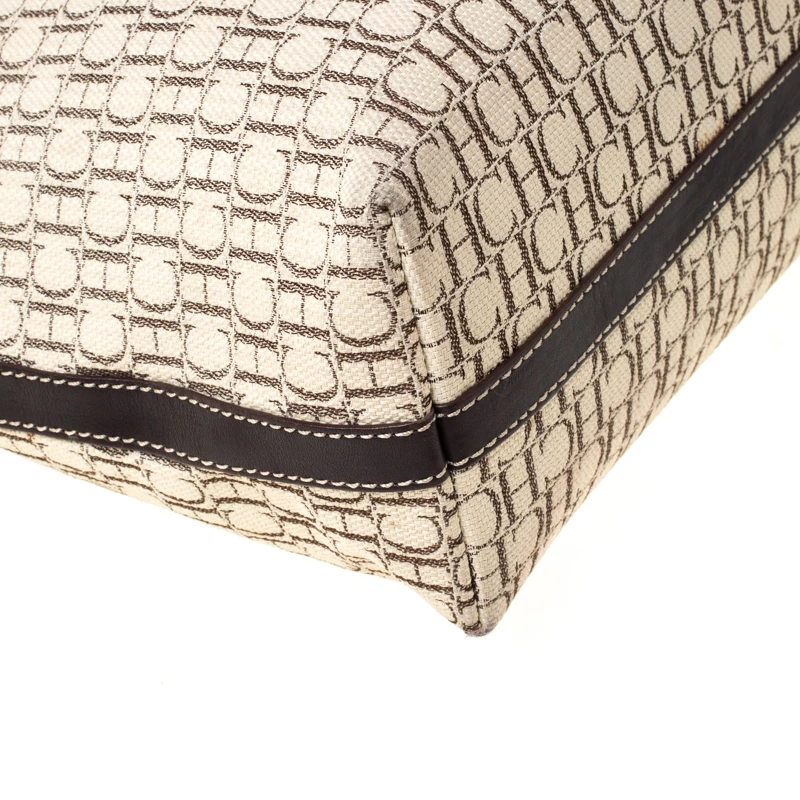 Carolina Herrera Beige/Brown Monogram Canvas Shopper Tote Women