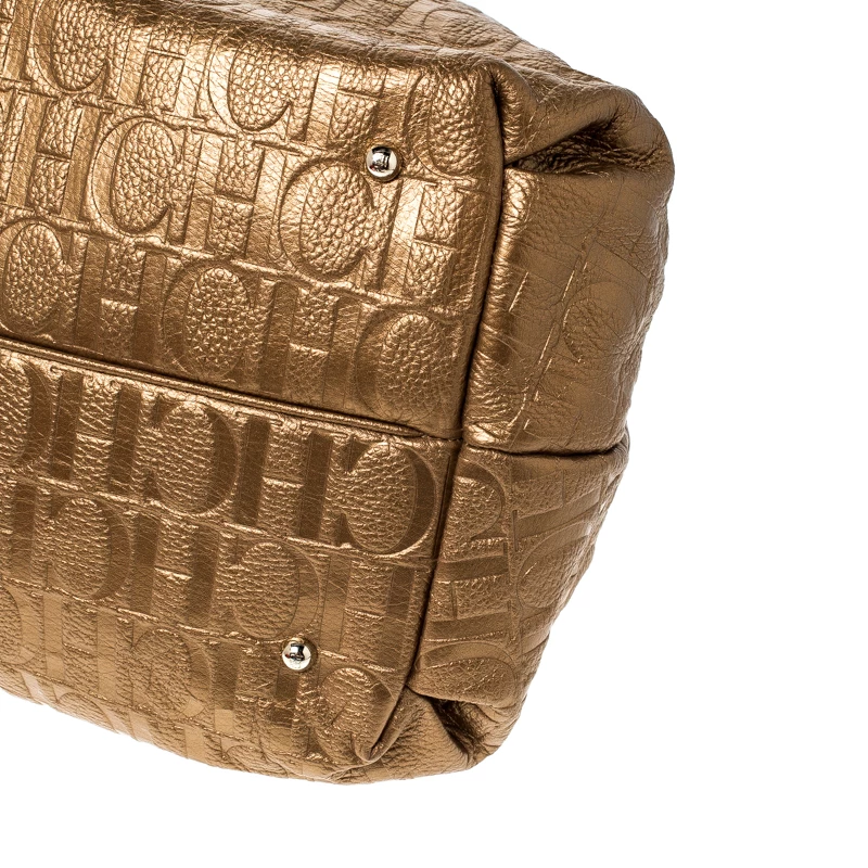 Carolina Herrera Gold Embossed Leather Bow Bucket Shoulder Bag Women