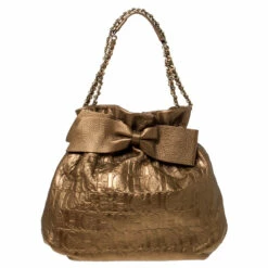 Carolina Herrera Gold Embossed Leather Bow Bucket Shoulder Bag Women