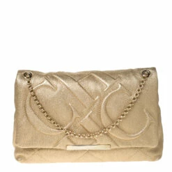 Carolina Herrera Gold Quilted Leather Flap Chain Shoulder Bag Women