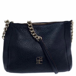 Carolina Herrera Navy Blue Pebbled Leather Maria Shoulder Bag Women