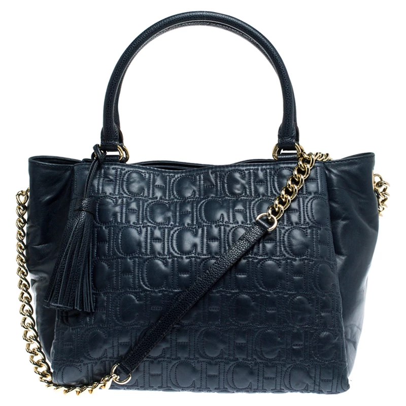 Carolina Herrera Navy Blue Monogram Leather Tote Women