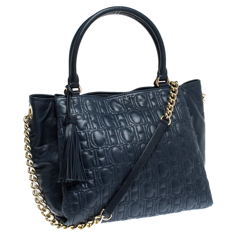 Carolina Herrera Navy Blue Monogram Leather Tote Women