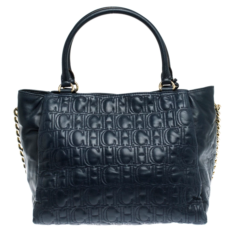 Carolina Herrera Navy Blue Monogram Leather Tote Women