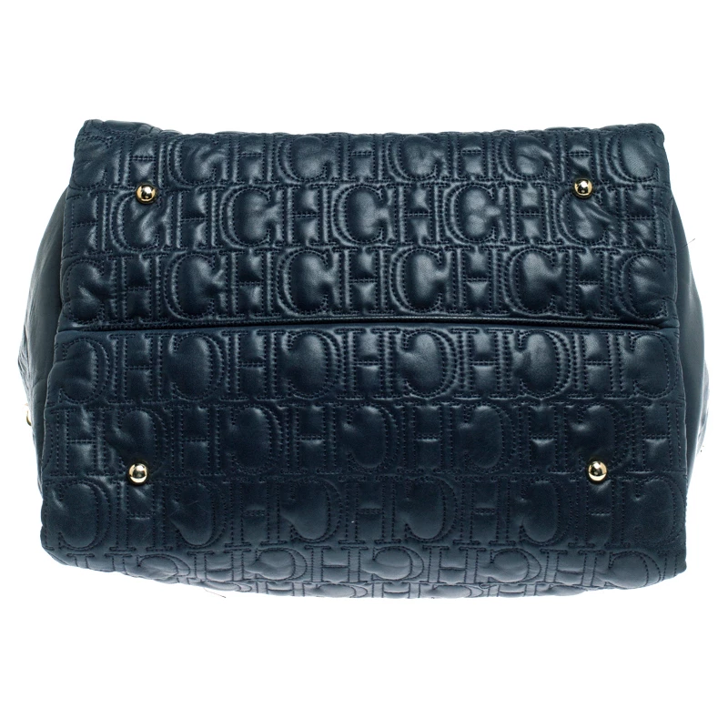 Carolina Herrera Navy Blue Monogram Leather Tote Women